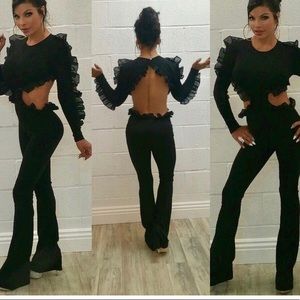 Black ruffle backless jumpsuit